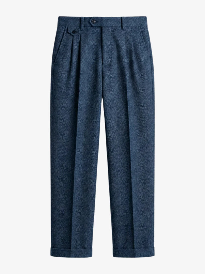 Pantalon à plis en laine chevrons bleu, vue de face à plat
