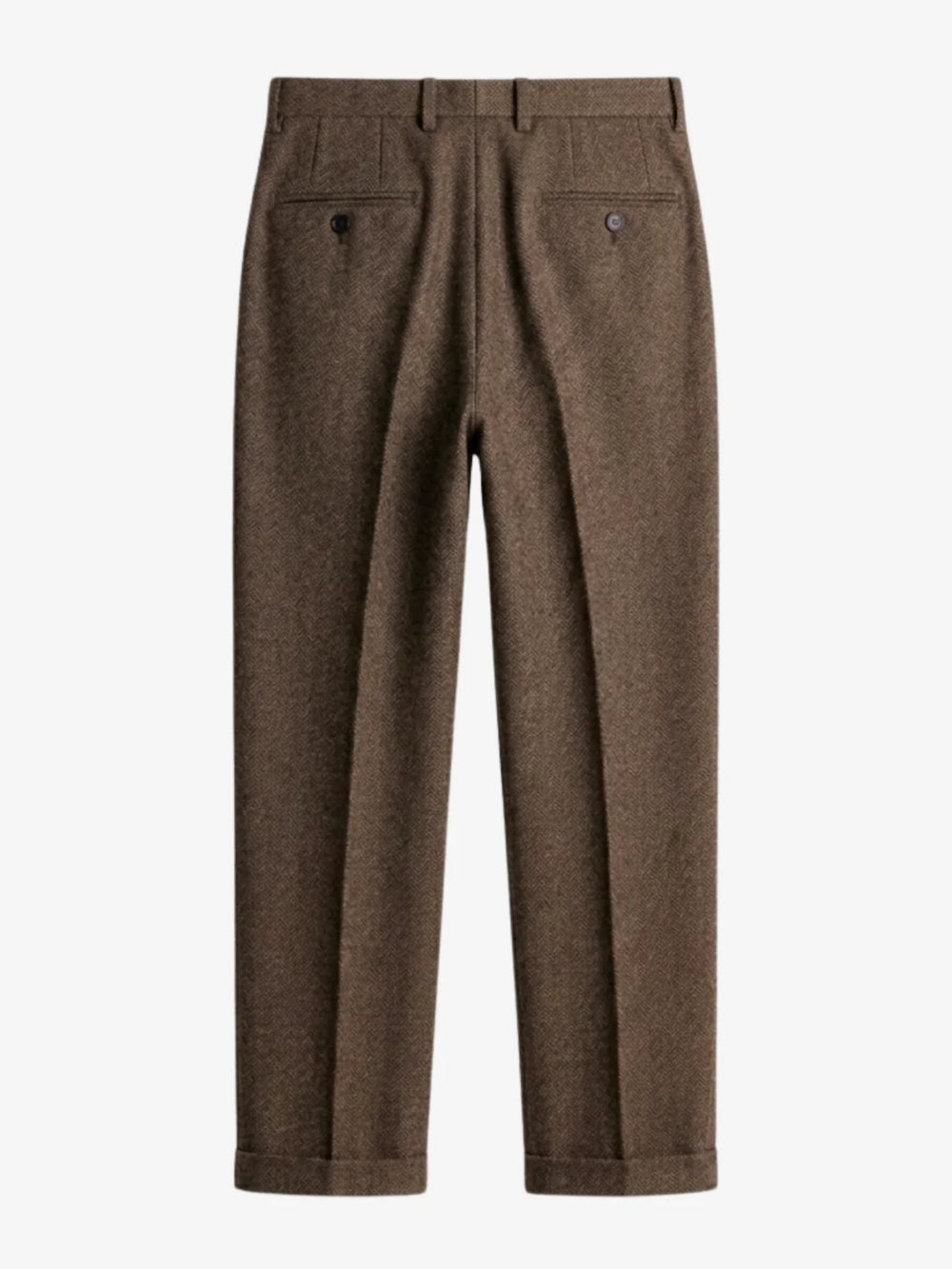 Pantalon à plis en laine chevrons brun, vue de dos à plat