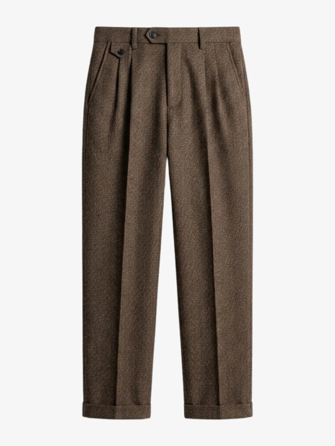 Pantalon à plis en laine chevrons brun, vue de face à plat