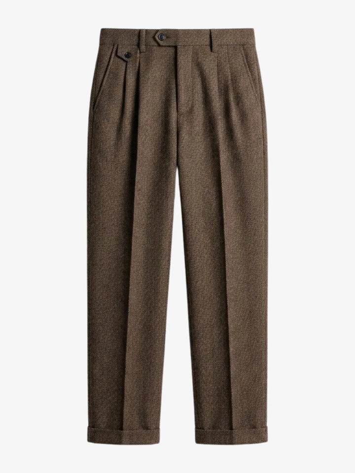 Pantalon à plis en laine chevrons brun, vue de face à plat