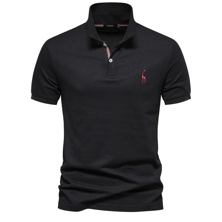 Polo en piqué noir, girafe brodée rouge et patte de boutonnage à liseré rayé