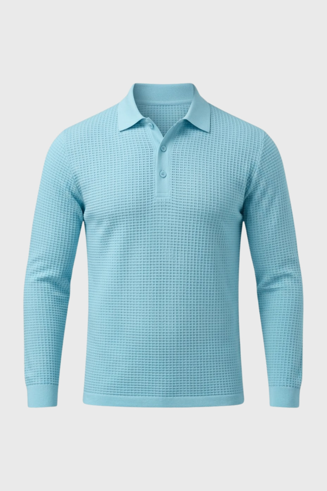 Polo gaufré manches longues, coloris bleu ciel, présenté à plat