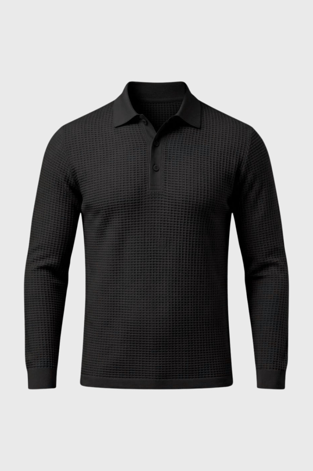 Polo gaufré manches longues, coloris noir, présenté à plat