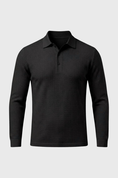 Polo gaufré manches longues, coloris noir, présenté à plat