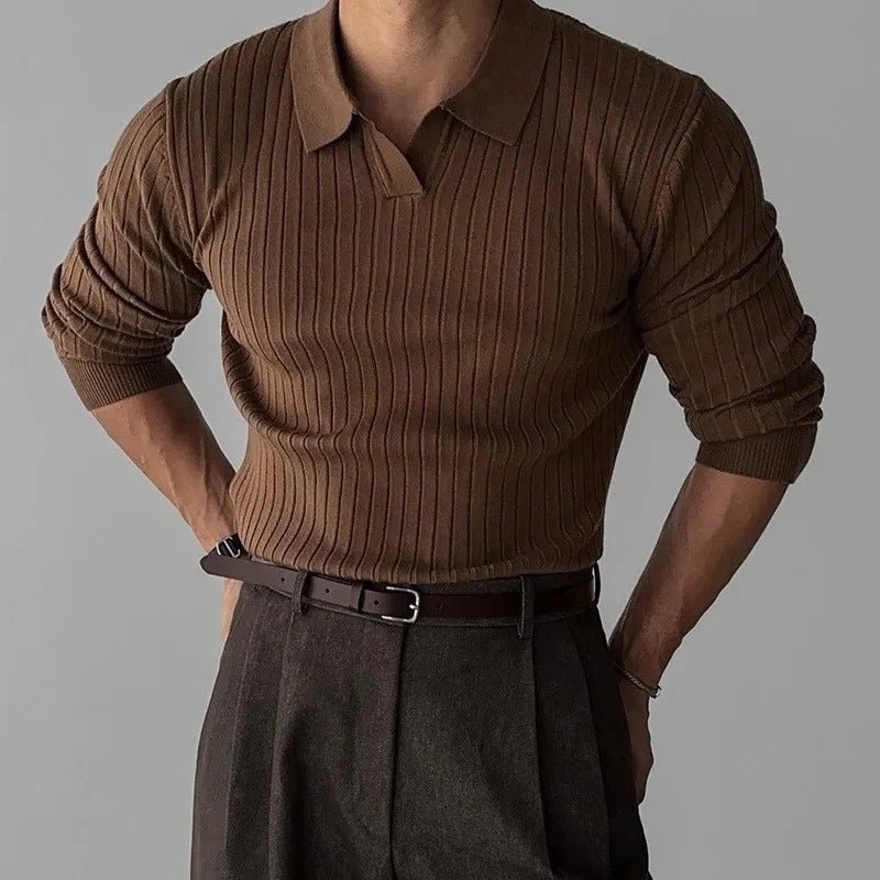 Polo slim fine côte, coloris marron, vue de face