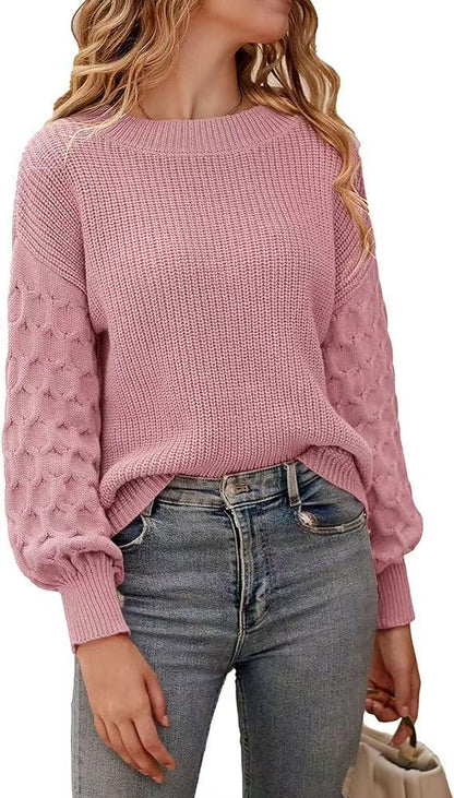 Pull à manches ballon, coloris rose, porté en tenue