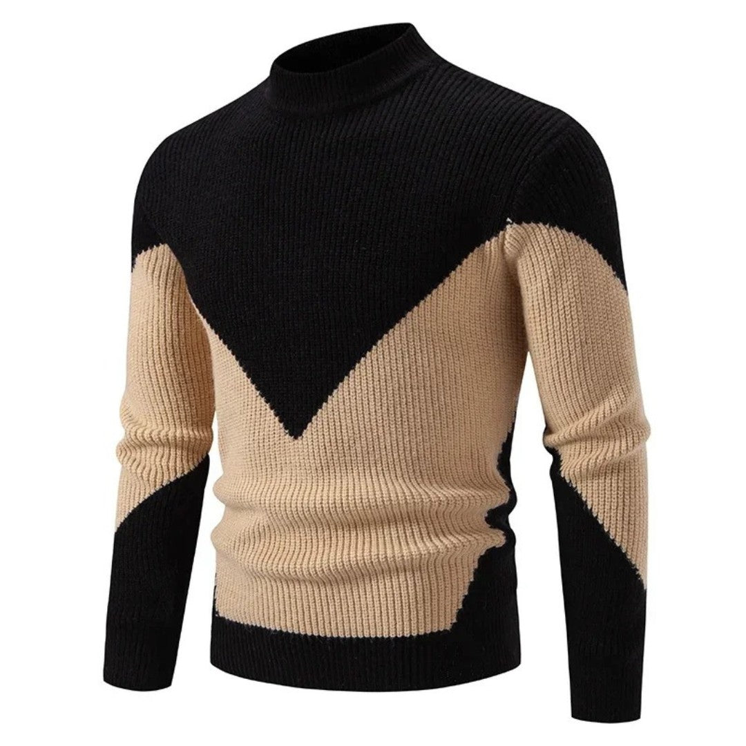Pull col cheminée pour homme, motif en chevron noir et beige