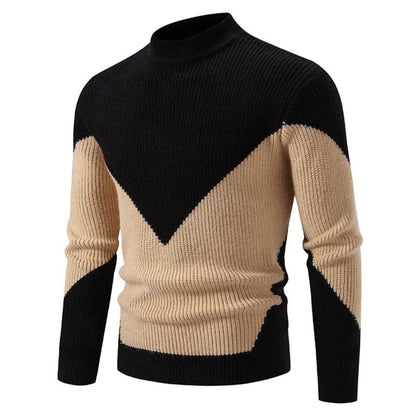Pull col cheminée pour homme, motif en chevron noir et beige