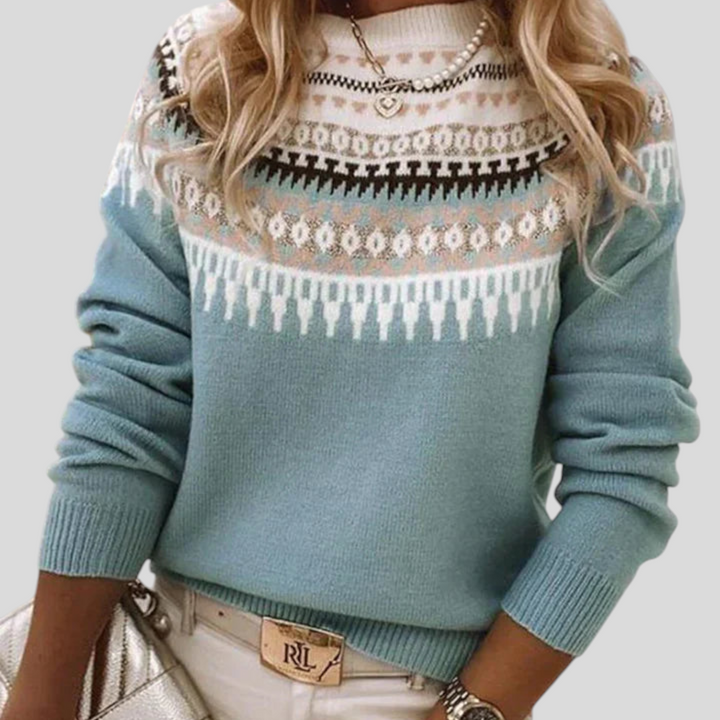 Pull à motif nordique, coloris bleu clair, vu de face