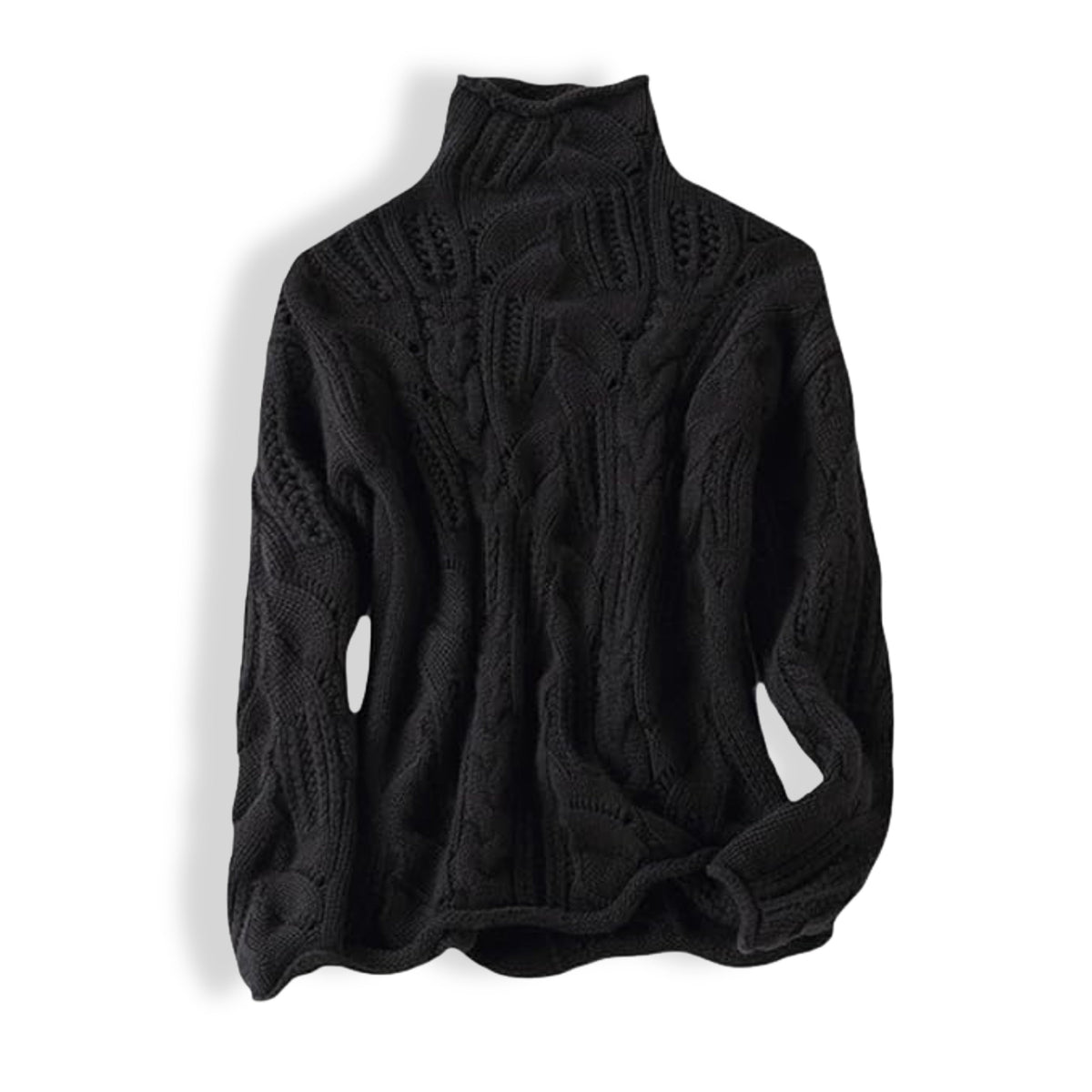 Pull ajouré col roulé, coloris noir, présenté à plat