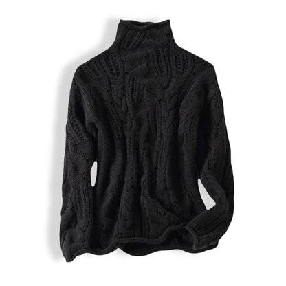 Pull ajouré col roulé, coloris noir, présenté à plat