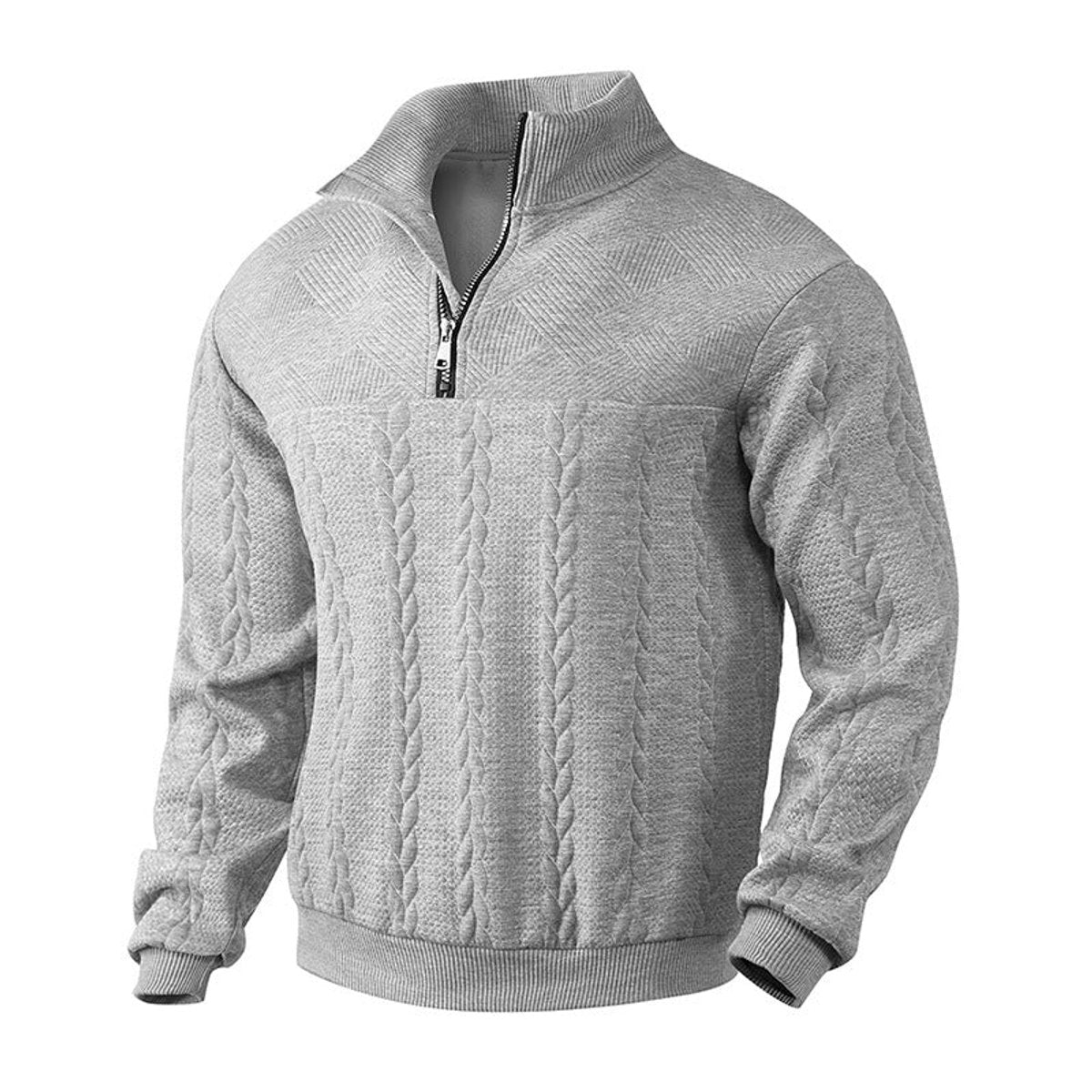 Pull camionneur homme gris chiné à torsades, vue de trois quarts