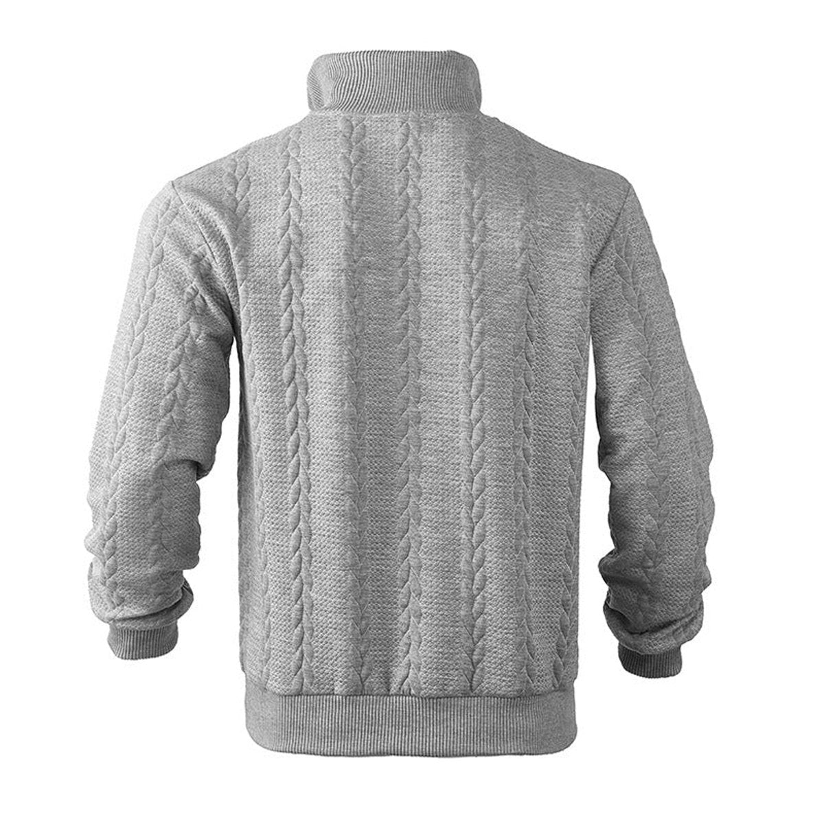 Dos du pull torsadé homme gris chiné, col montant côtelé