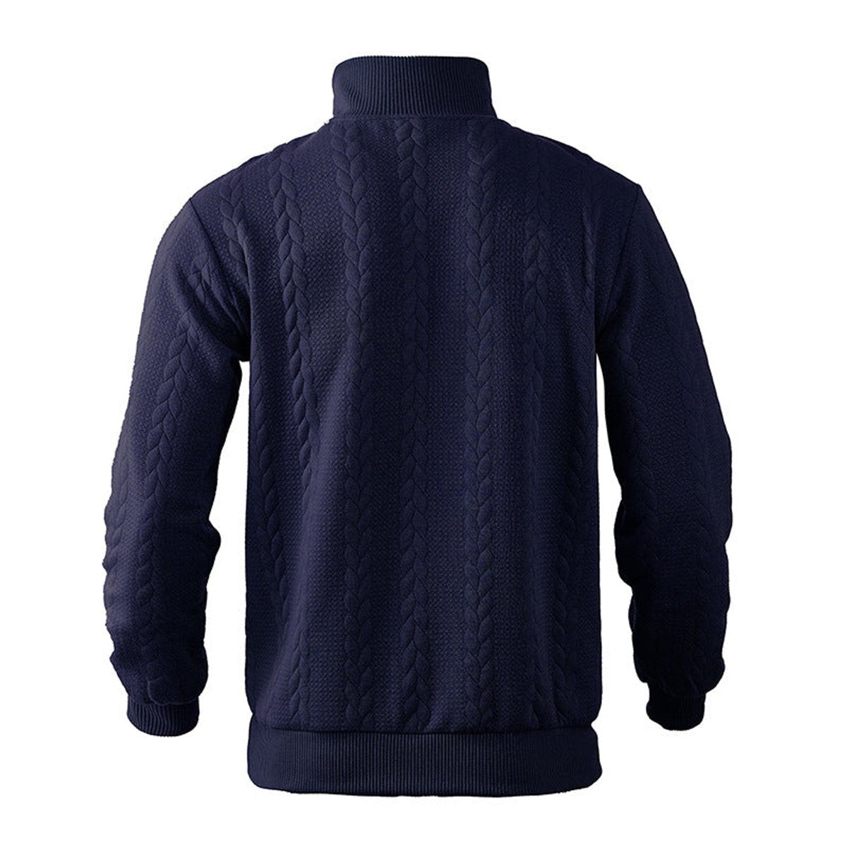 Dos du pull torsadé homme bleu marine, col montant côtelé