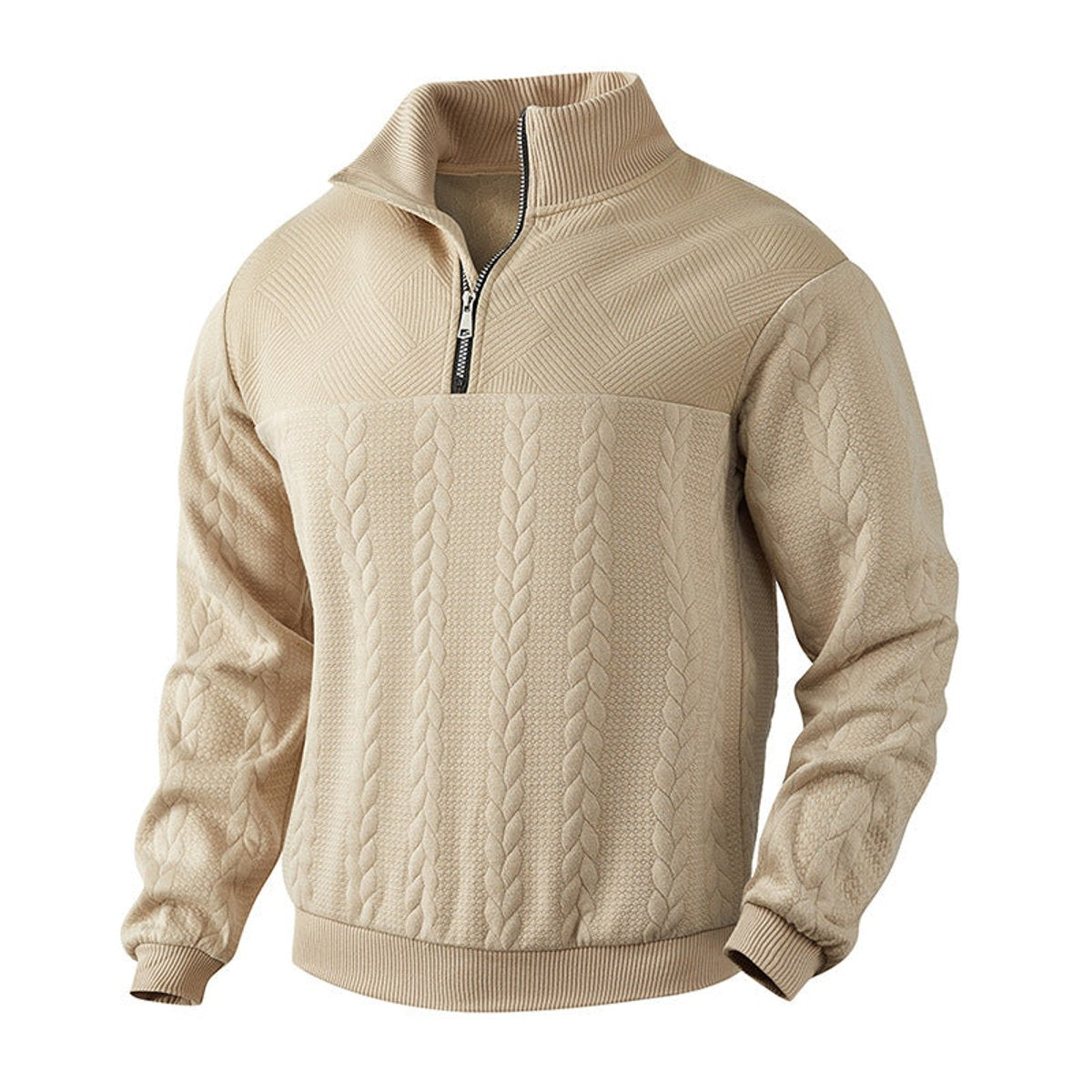 Pull camionneur homme beige à torsades, vue de trois quarts