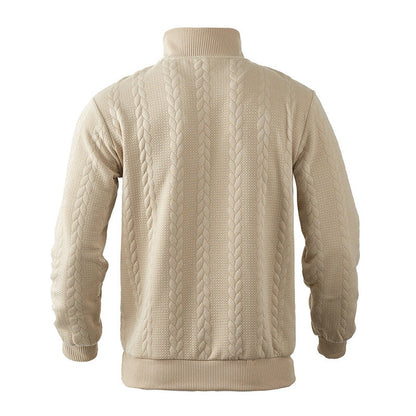 Dos du pull torsadé homme beige, bords-côtes à l'ourlet