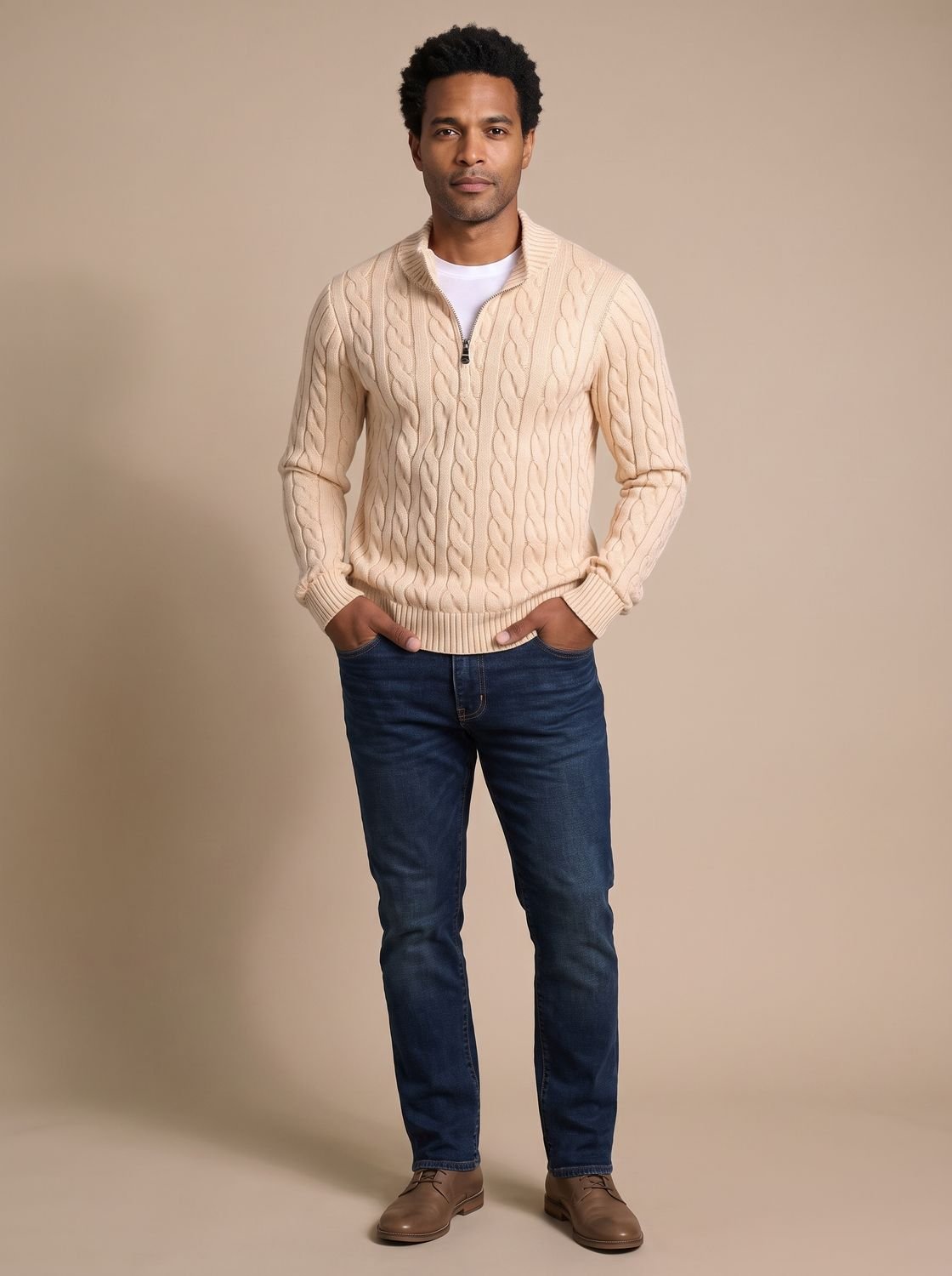 Pull camionneur torsadé zippé, beige
