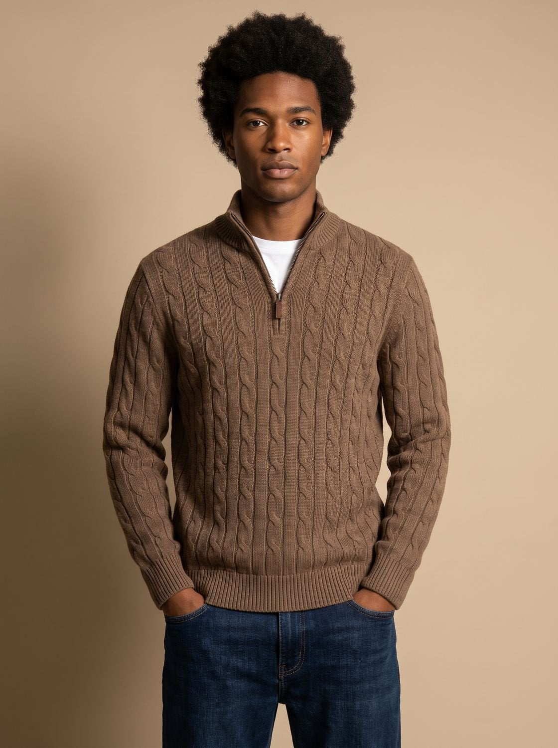 Pull camionneur torsadé zippé, marron