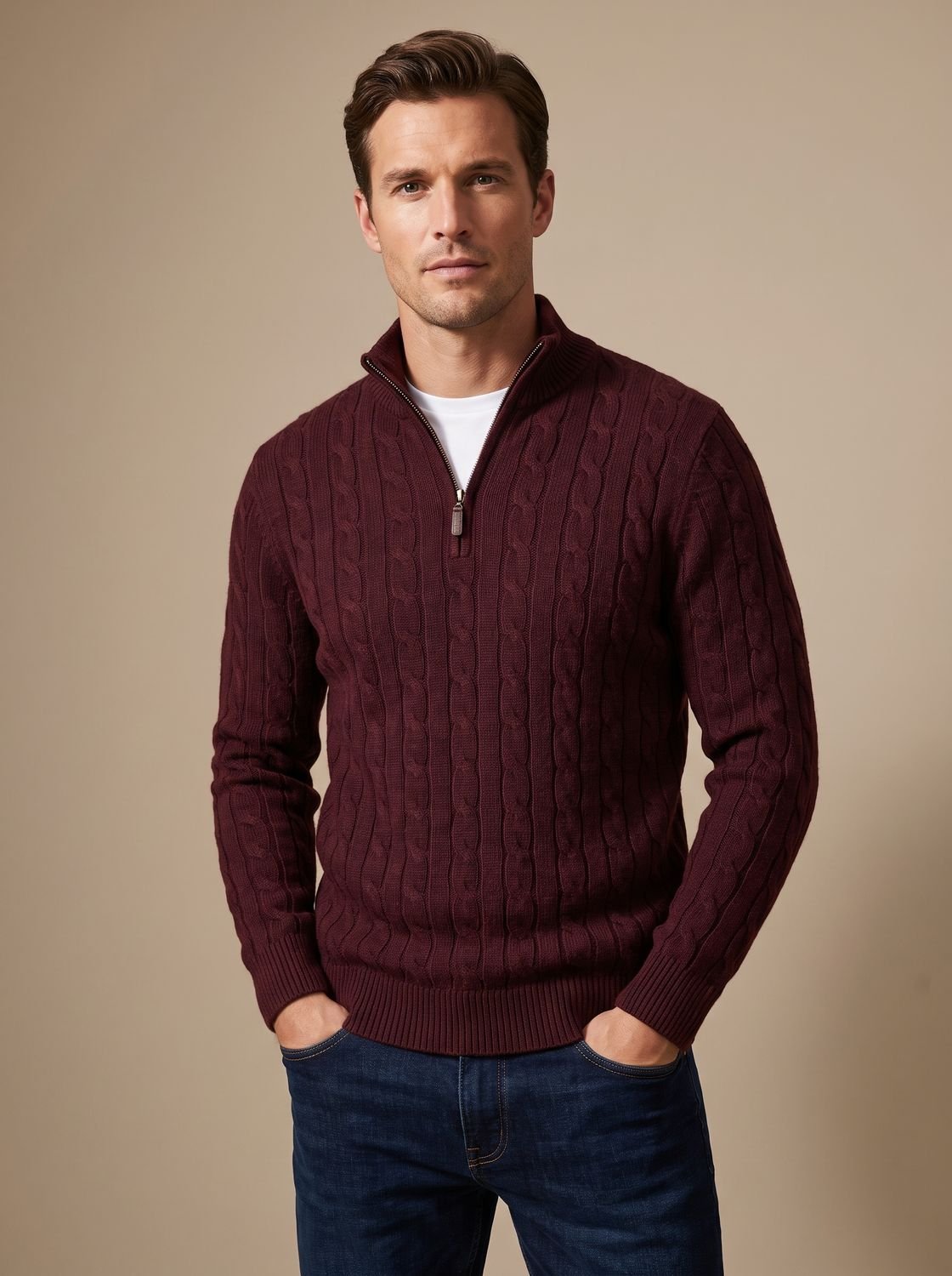 Pull camionneur torsadé bordeaux, col zippé ouvert