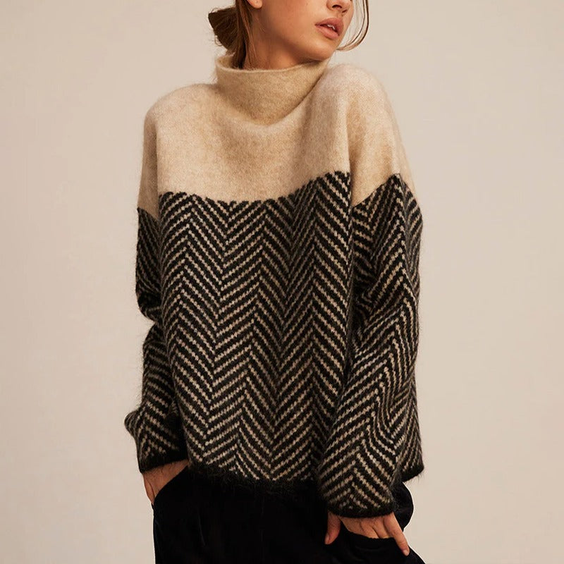 Pull chevrons empiècement uni pour femme, coloris marron