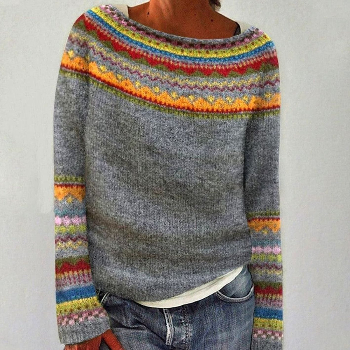 Pull jacquard col bateau pour femme, coloris gris