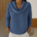 Pull col bénitier gaufré, coloris bleu denim, vue de face