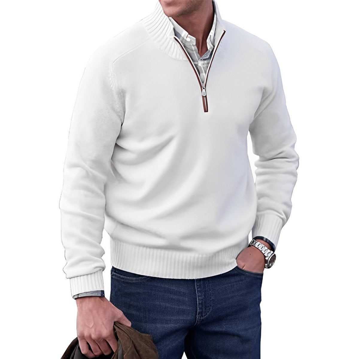 Pull camionneur zippé pour homme, blanc, porté sur une chemise