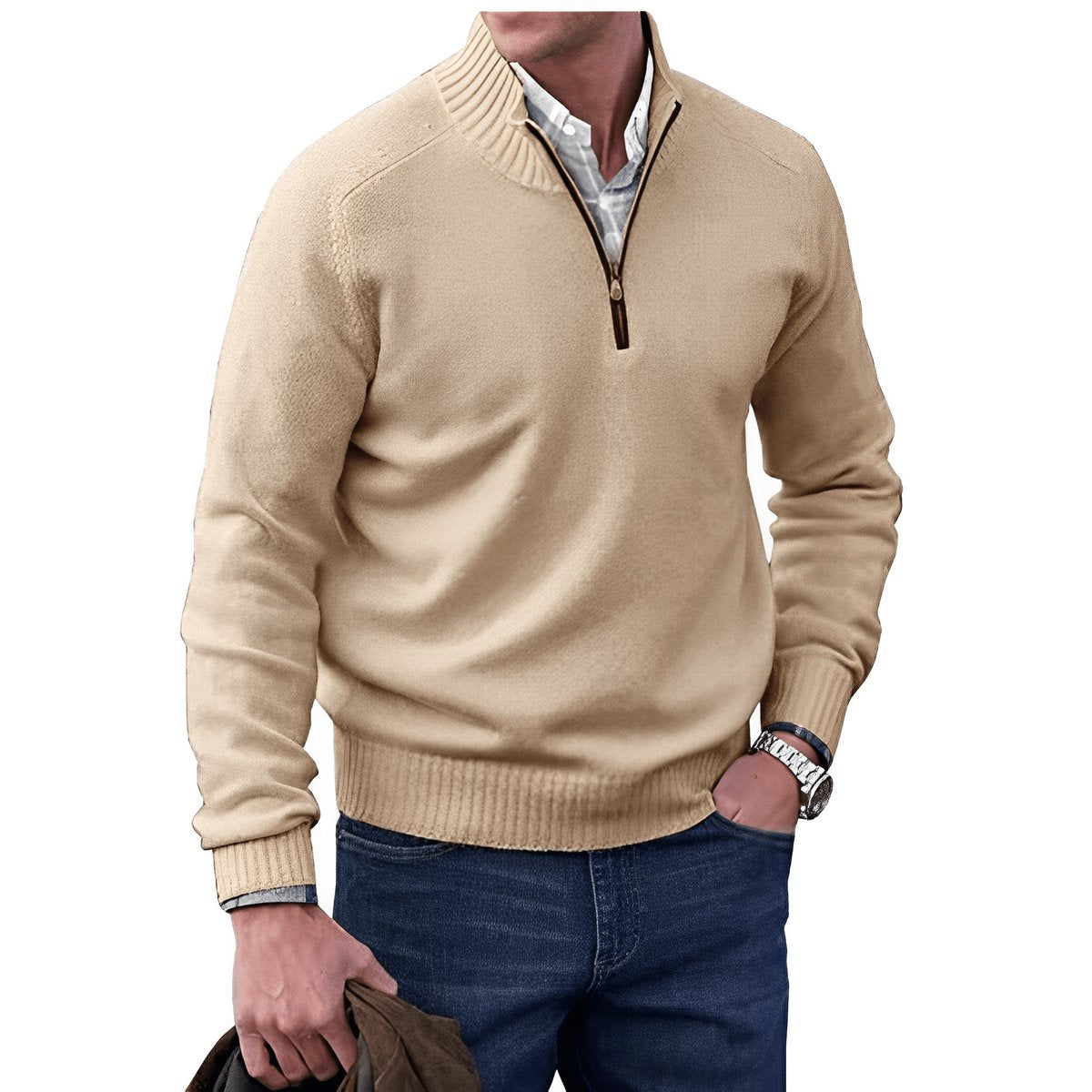 Pull col camionneur zippé, camel