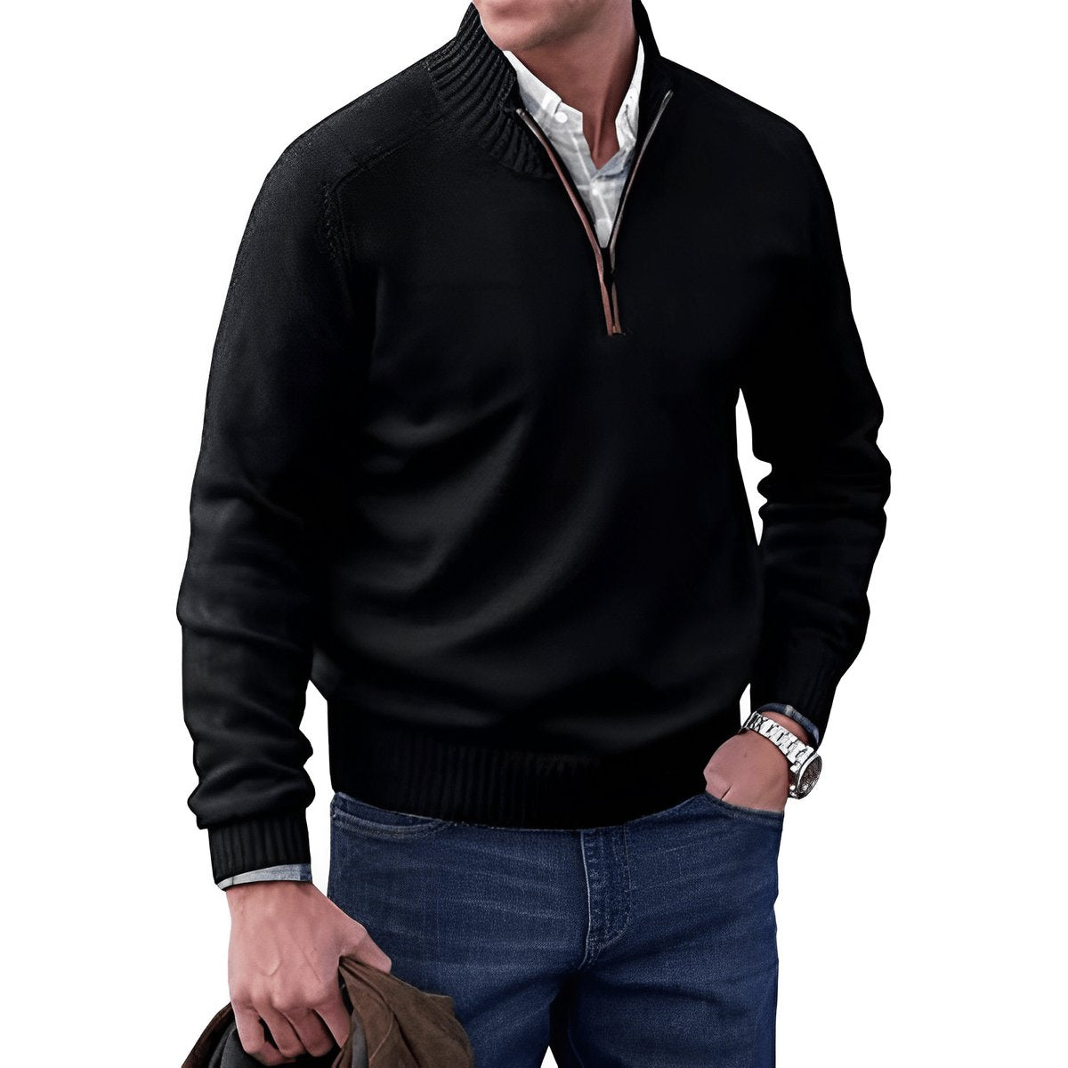 Pull camionneur zippé pour homme, noir, liseré contrastant au col