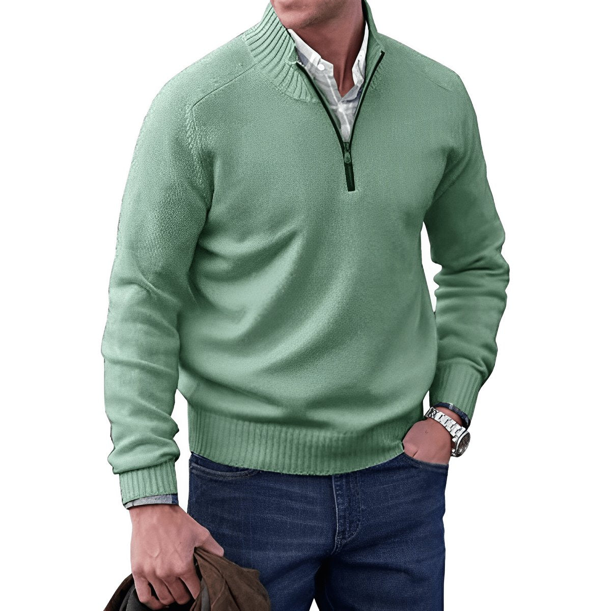 Pull camionneur zippé pour homme, vert, porté avec un jean