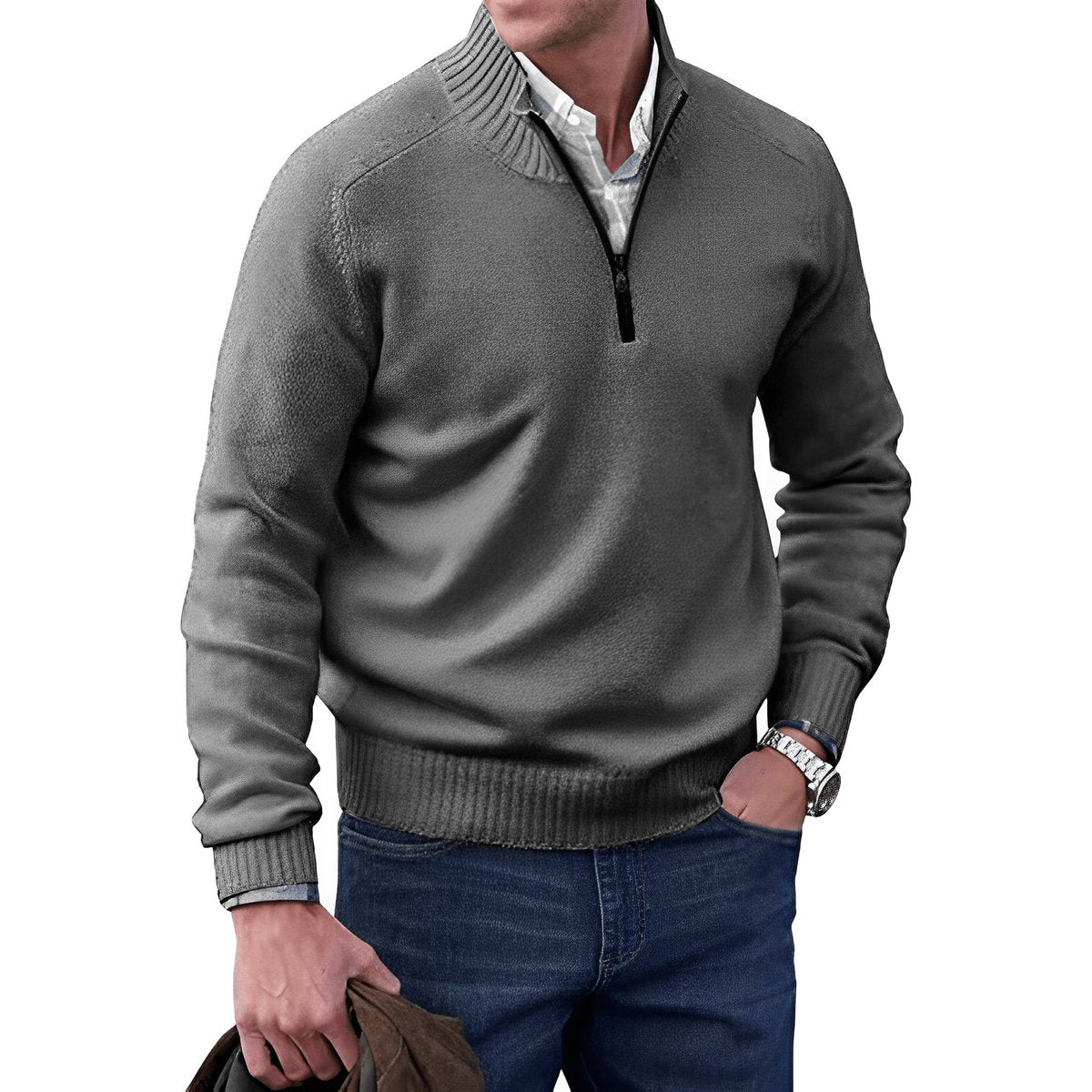 Pull camionneur zippé pour homme, gris foncé, porté avec un jean