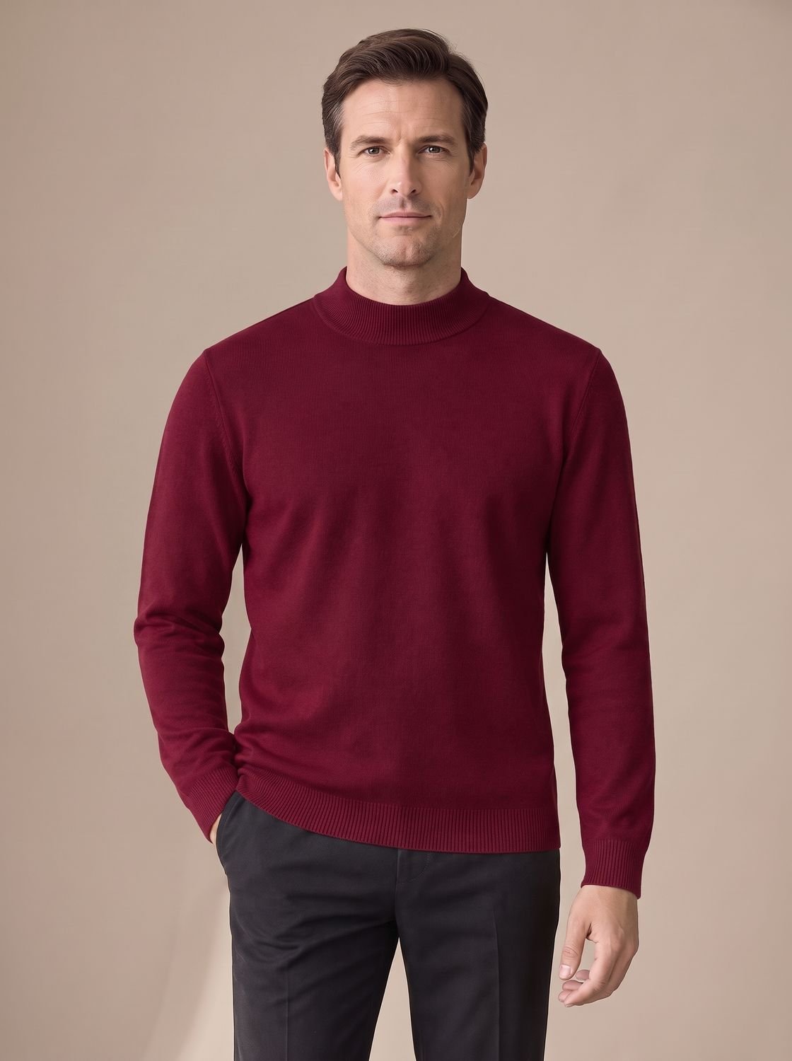 Pull en maille bordeaux à col montant porté de face