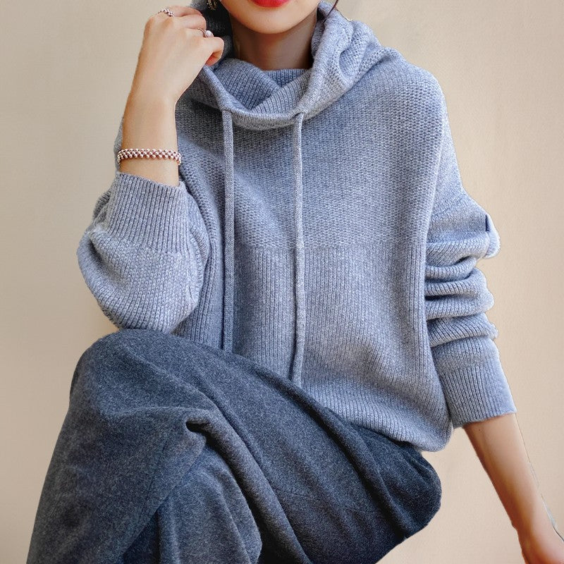 Pull col cheminée, coloris bleu brumeux, porté en tenue, vue 2
