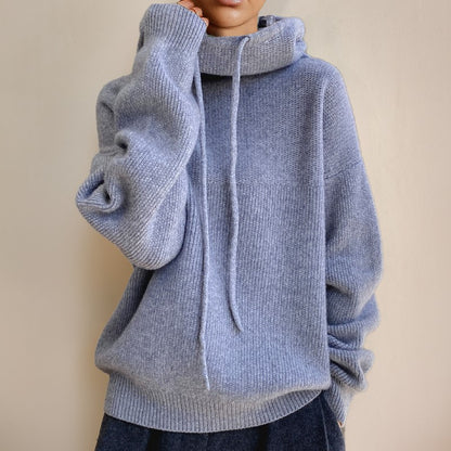 Pull col cheminée, coloris bleu brumeux, porté en tenue, vue 3