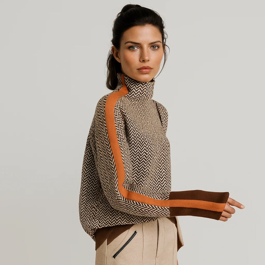 Pull chevrons col cheminée pour femme, coloris orange