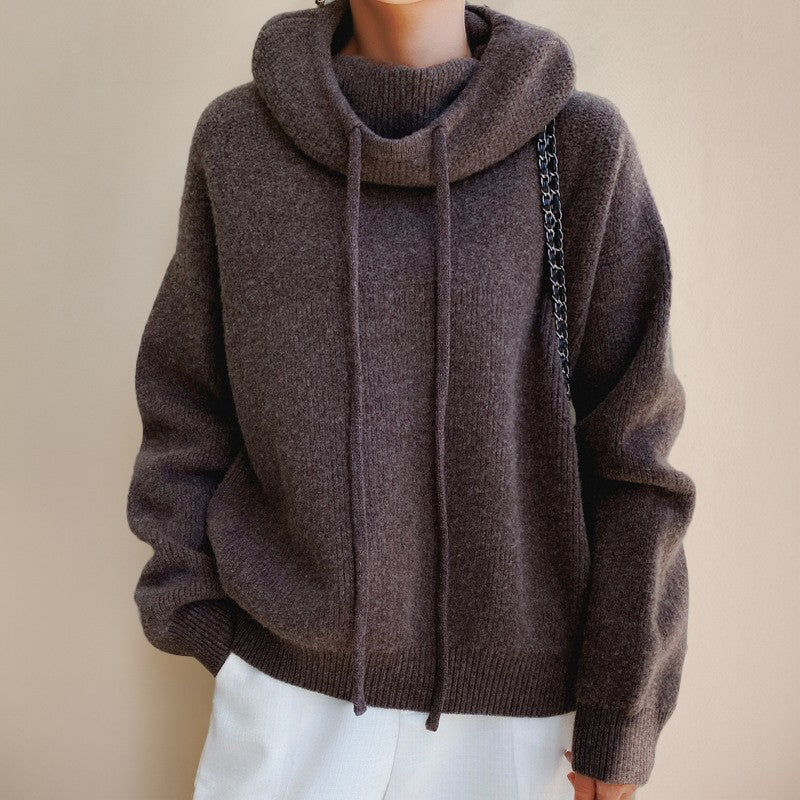 Pull col cheminée, coloris marron, porté en tenue, vue 2