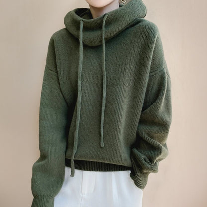 Pull col cheminée, coloris vert olive, porté en tenue, vue 2