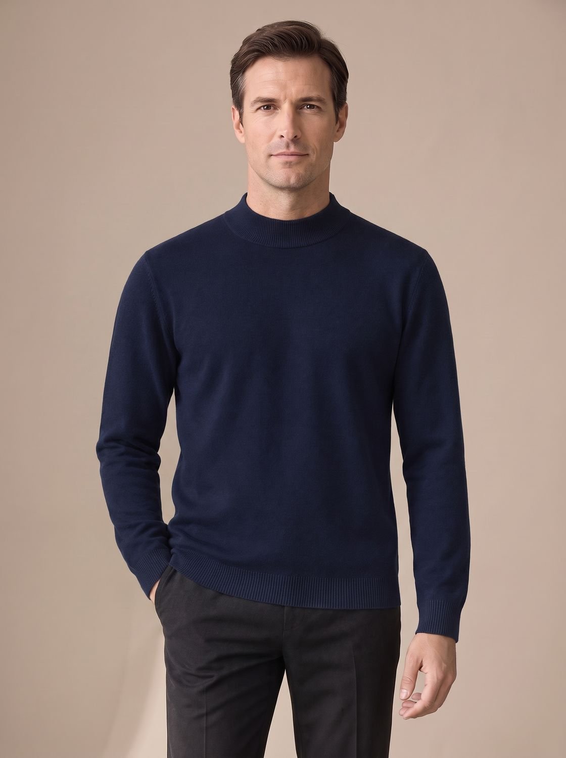 Pull en maille bleu marine à col montant porté de face