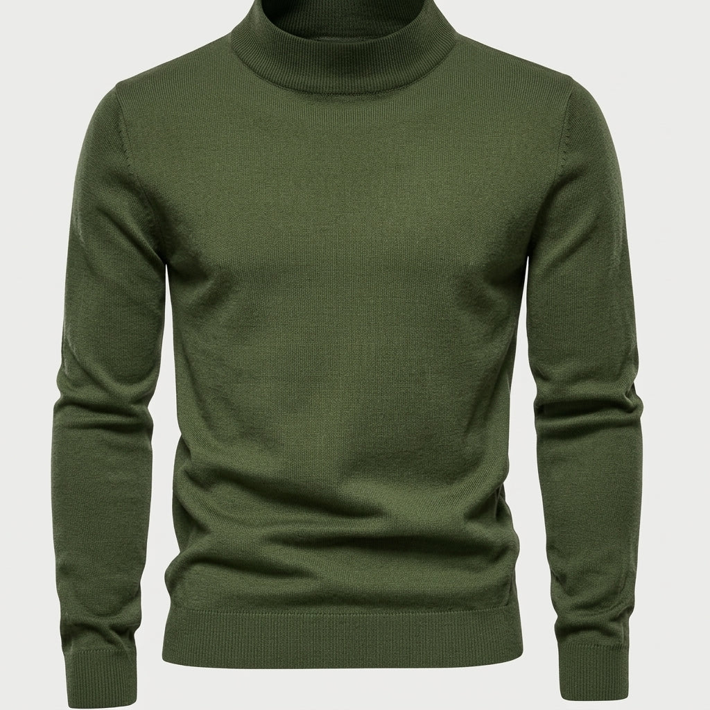Pull col montant vert olive, vue de face à plat