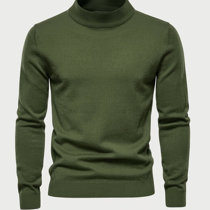 Pull col montant vert olive, vue de face à plat