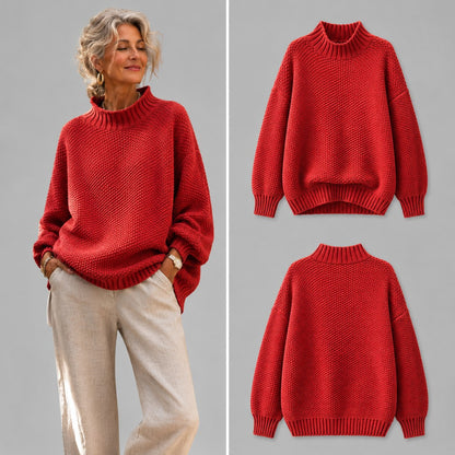 Pull rouge en maille texturée à col montant, porté et présenté à plat