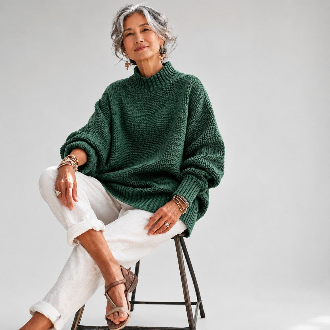 Pull vert en maille texturée porté assis avec un pantalon blanc