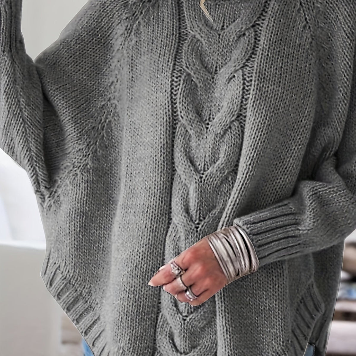 Pull torsadé col montant pour femme, coloris gris foncé