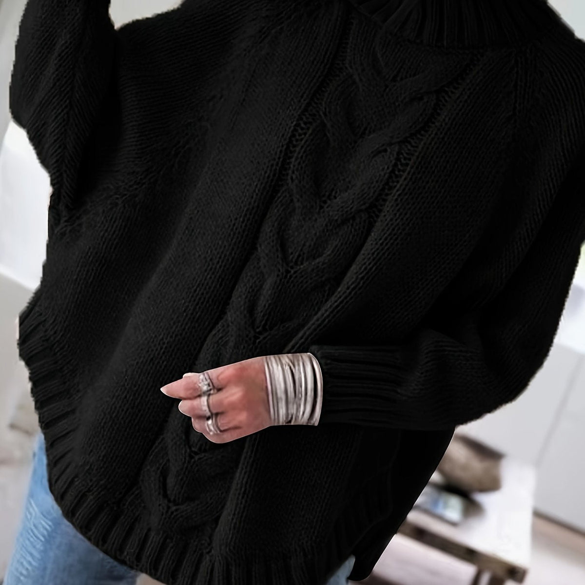 Pull torsadé col montant pour femme, coloris noir
