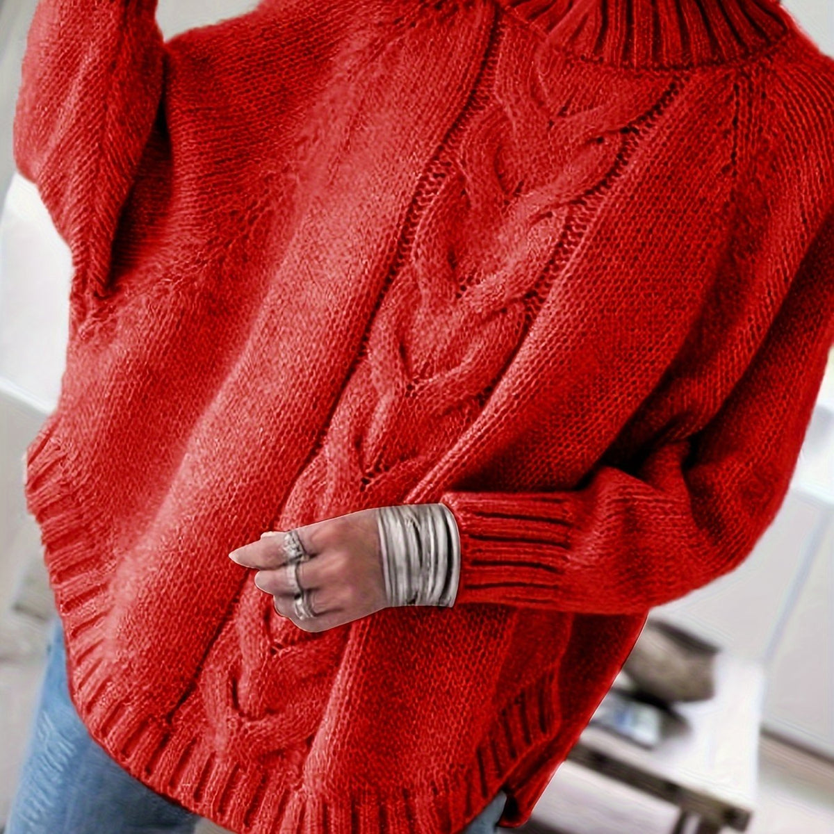 Pull torsadé col montant pour femme, coloris rouge