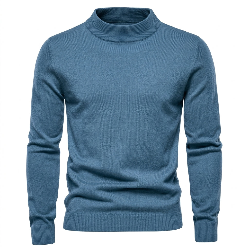 Pull col montant bleu, vue de face à plat