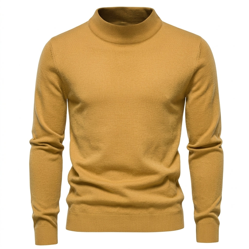 Pull col montant jaune moutarde, vue de face à plat
