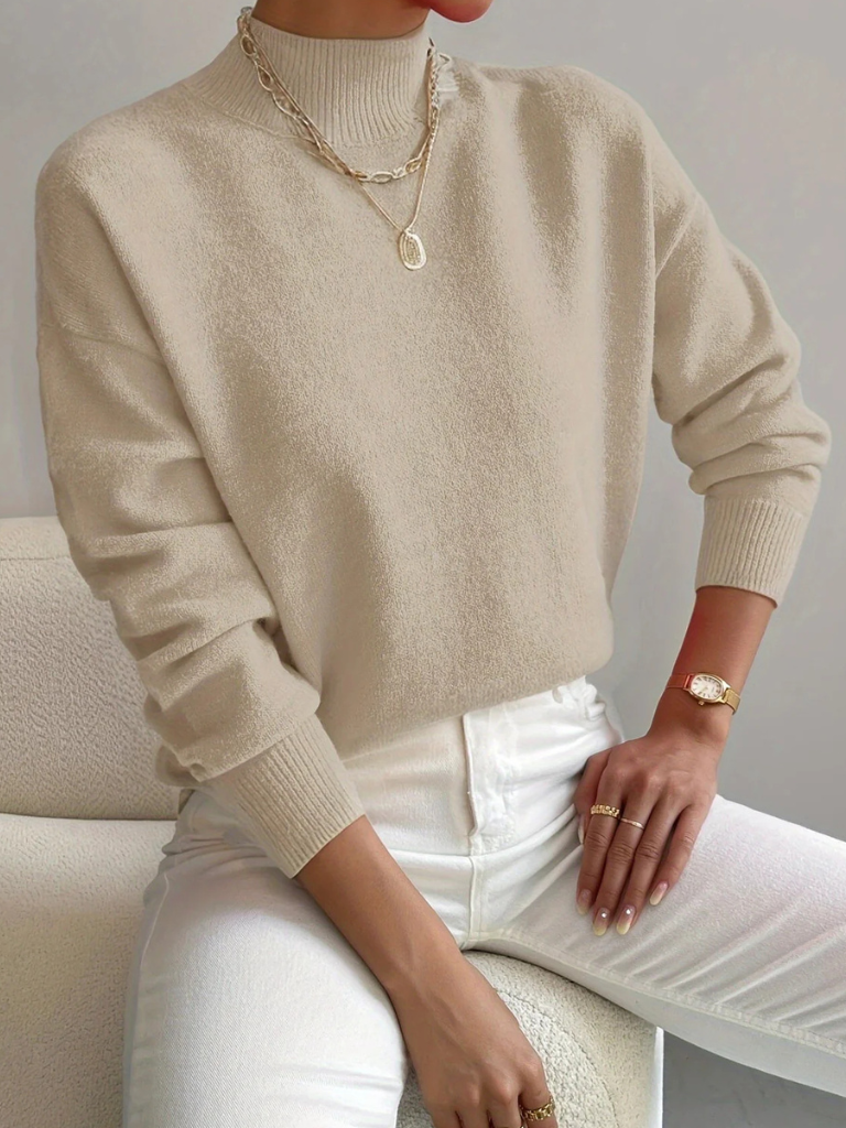 Pull uni col montant pour femme, coloris beige