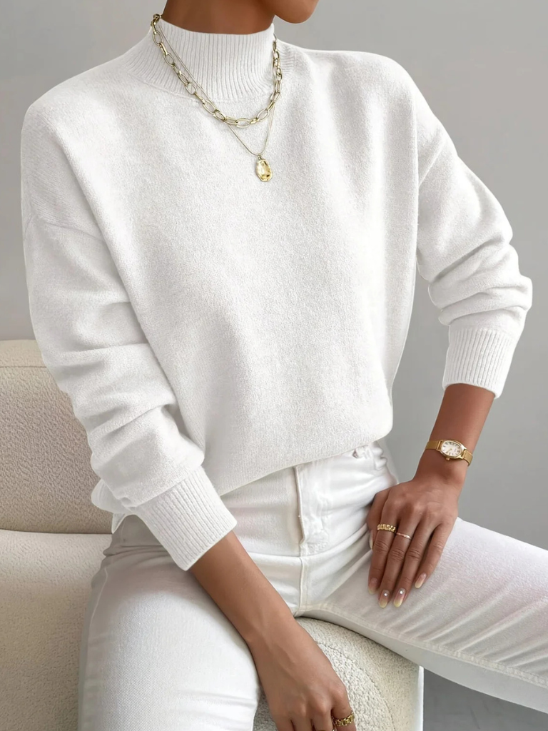 Pull uni col montant pour femme, coloris blanc