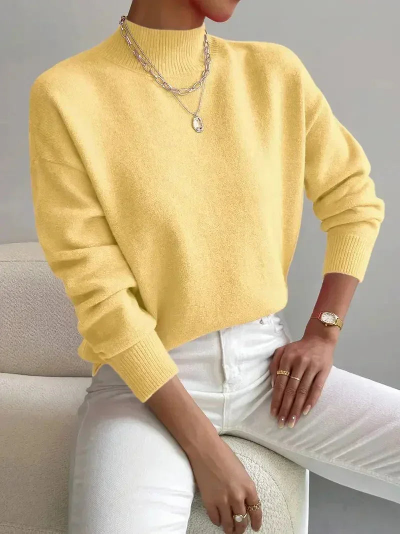 Pull uni col montant pour femme, coloris jaune